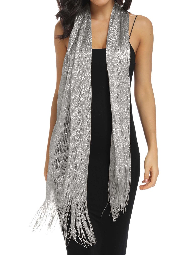 Rheane Women's Scarves & Wraps Evening Dresses for Women Gold Wrap Shawls and Wraps for Evening Dresses Fall Shawls for Weddings (Dark Gray with Silver Glitter) - Image 3